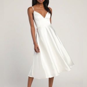 Lulu’s Caught A Look Ivory Satin Tie-Back Midi Dress